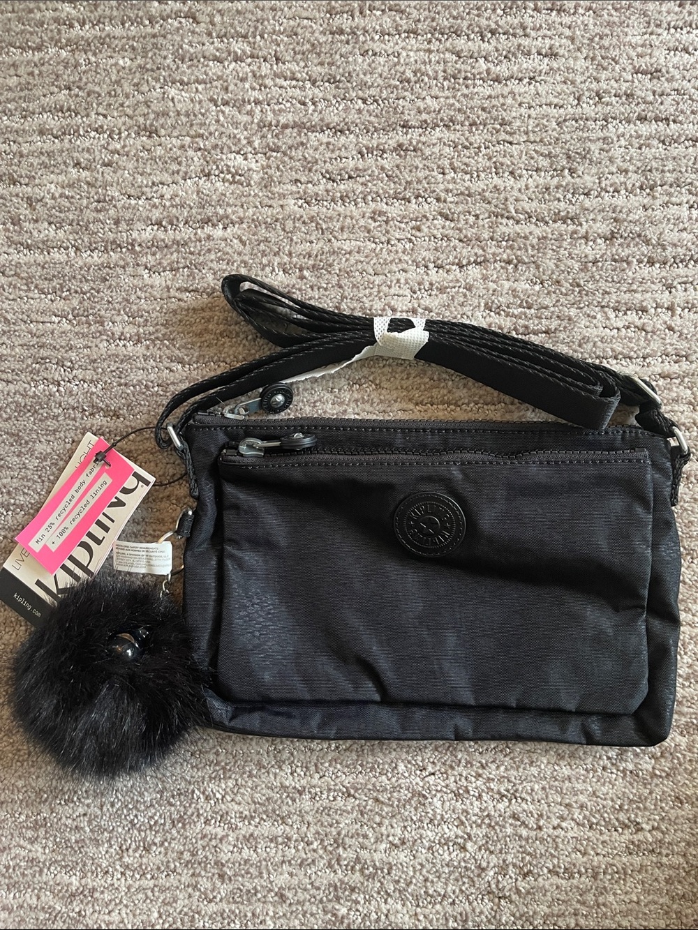 Kipling Black/Embossed Nylon Crossbody Bag with Pom Pom Charm (NWT)